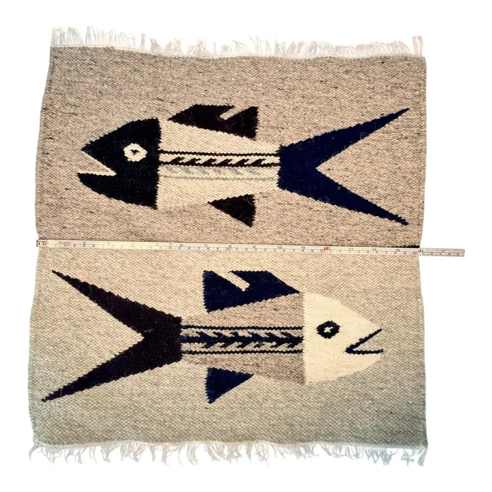 Peru Handwoven Wool Fish Textile Panels Pair Folk Art 16x17